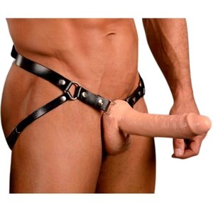 Hohler Naturdildo mit Leder-Harness